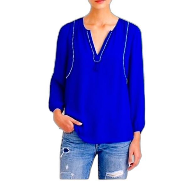 J. Crew Royal Blue Tassel Trim Long Sleeve Tunic Polyester Blouse Top Size 2 - Picture 1 of 11